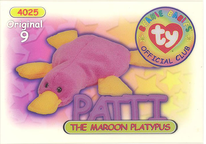 TY Beanie Babies BBOC Card - Series 1 Original 9 (SILVER) - PATTI the Maroon Platypus