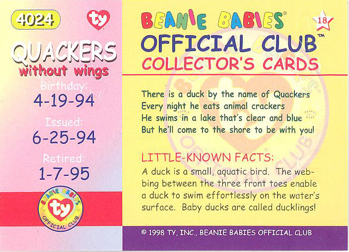 NM/M BLUE - QUACKERS the Duck Series 1 Retired TY Beanie Babies BBOC Card 