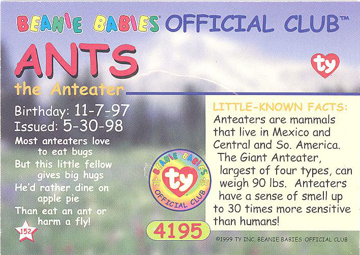 TY Beanie Babies BBOC Card Series 2 Common ANTS the Anteater