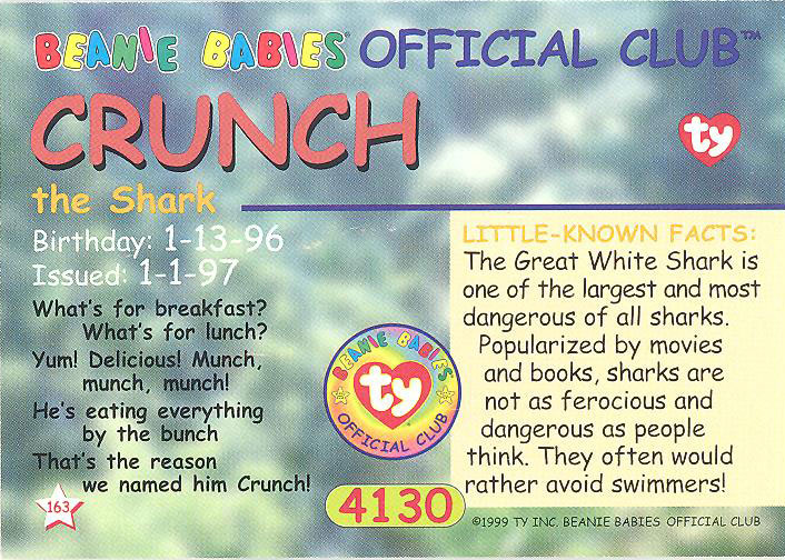 TY Beanie Babies BBOC Card NM/Mint Series 3 Common CRUNCH the Shark 