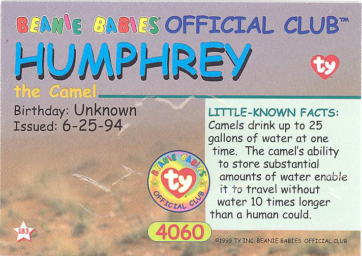 BLUE Series 1 Retired - HUMPHREY the Camel TY Beanie Babies BBOC Card NM/M 
