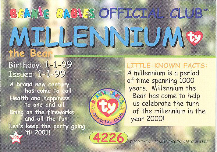 MILLENNIUM the Bear NM/Mint TY Beanie Babies BBOC Card Series 2 Common 