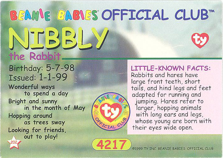 NM/Mint Series 2 Common NIBBLER the Rabbit TY Beanie Babies BBOC Card 