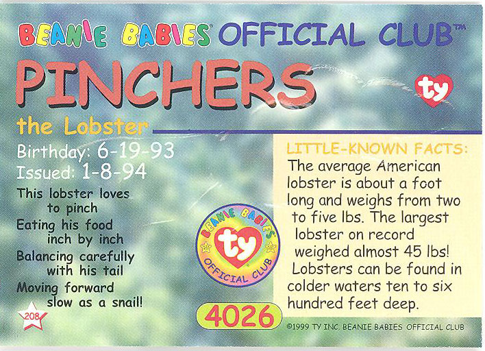 Series 2 Common NM//Mint PINCHERS the Lobster TY Beanie Babies BBOC Card