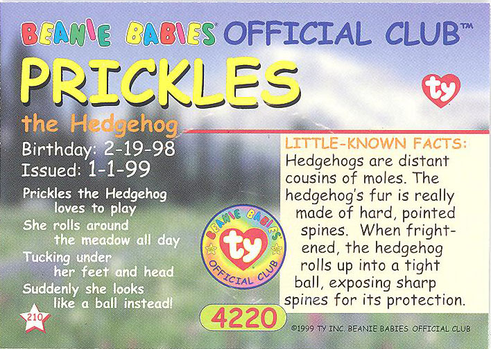 NM/Mint PRICKLES the Hedgehog Series 2 Common TY Beanie Babies BBOC Card 