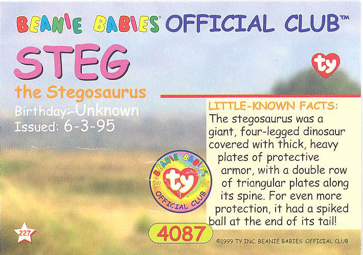STEG the Stegosaurus TY Beanie Babies BBOC Card NM/Mint Series 2 Common 
