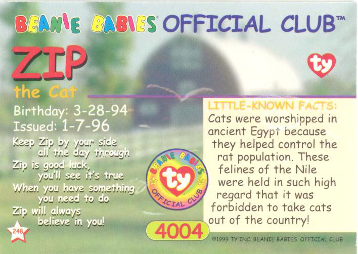 1999 Zip the Cat w/ White Paws #249 Trading Card Ty Beanie Babies Series II 