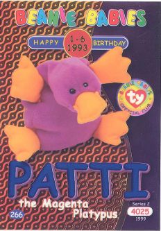 TY Beanie Babies BBOC Card - Series 2 Birthday (BLUE) - PATTI the Magenta Platypus