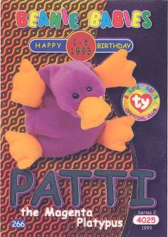 TY Beanie Babies BBOC Card - Series 2 Birthday (SILVER) - PATTI the Magenta Platypus