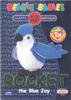 TY Beanie Babies BBOC Card - Series 2 Birthday (GREEN) - ROCKET the Blue Jay