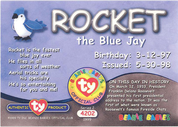 Ty S2 Beanie CARD INSERT Happy Birthday ROCKET THE BLUE JAY COLOR GREEN 