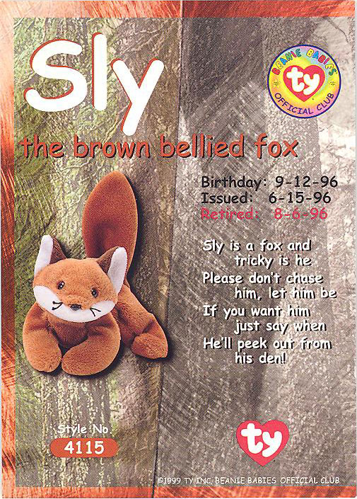 TY Beanie Babies BBOC Card - SLY the Brown Bellied Fox Series 2 Retired BLUE