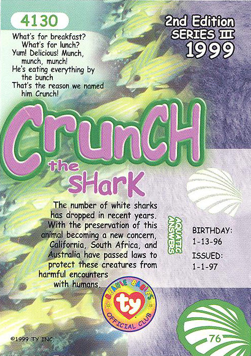 CRUNCH the Shark NM/Mint Series 3 Common TY Beanie Babies BBOC Card 