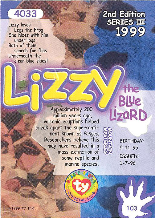LIZZY the Lizard TY Beanie Babies BBOC Card Series 3 Common NM/Mint 