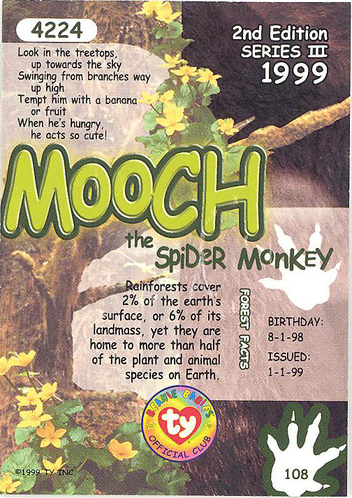 TY Beanie Babies BBOC Card MOOCH the Spider Monkey Series 2 Common NM/Mint 