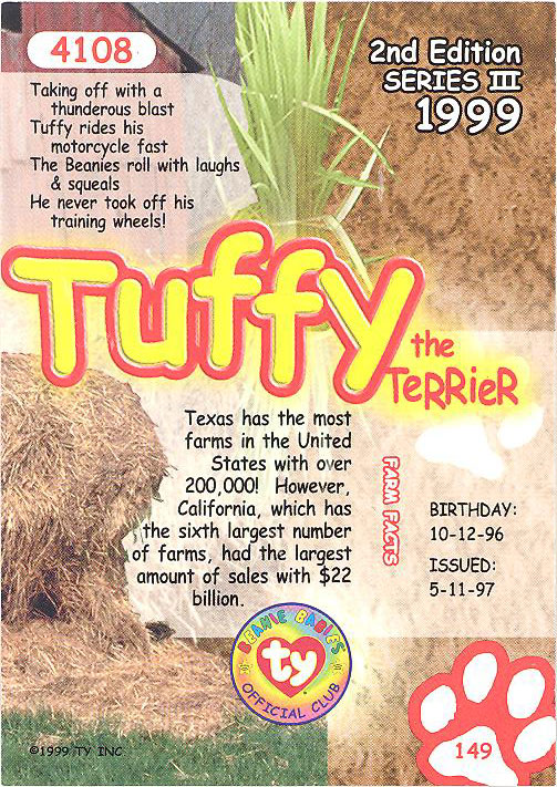 TUFFY the Terrier Series 3 Common NM/Mint TY Beanie Babies BBOC Card 