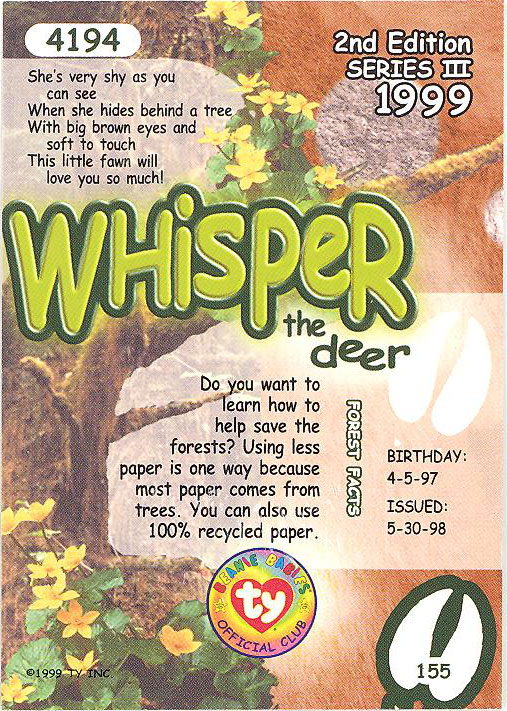 Series 1 Common NM/Mint TY Beanie Babies BBOC Card WHISPER the Deer 