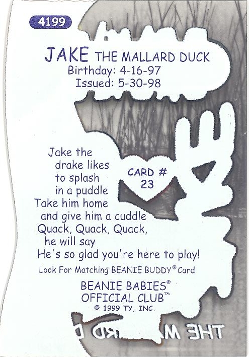 Series 1 Common NM/Mint TY Beanie Babies BBOC Card JAKE the Mallard Duck 