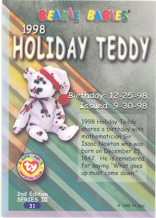 MAGENTA Series 3 Birthday - 1998 HOLIDAY TEDDY TY Beanie Babies BBOC Card 