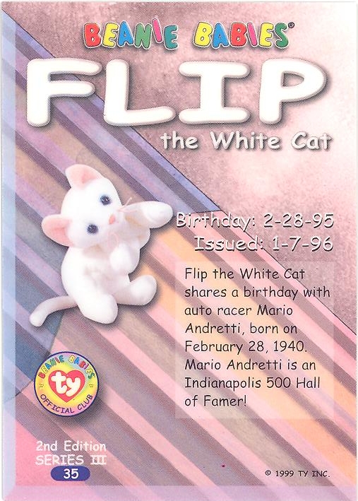 - FLIP the White Cat -NM/M Series 3 Birthday TY Beanie Babies BBOC Card TEAL 