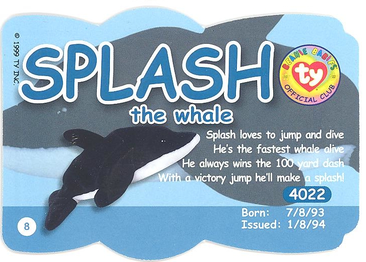 - SP Ty Beanie Baby Splash MWMT Whale 1993 