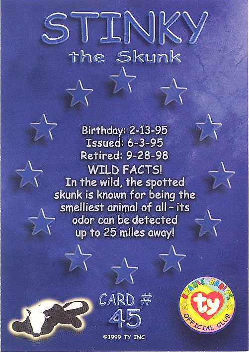 TY Beanie Babies BBOC Card STINKY the Skunk NM/Mint Series 1 Common 