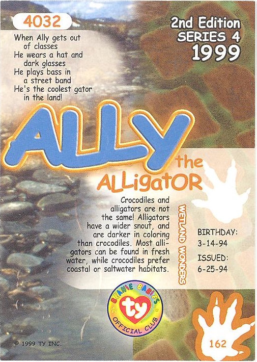 TY Beanie Babies BBOC Card ALLY the Alligator Series 1 Common NM/Mint 