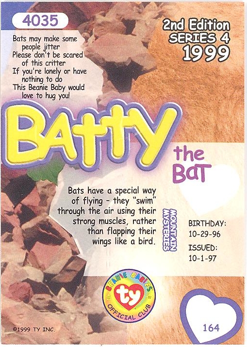 TY Beanie Babies BBOC Card Series 4 Common BATTY the TyDye Bat