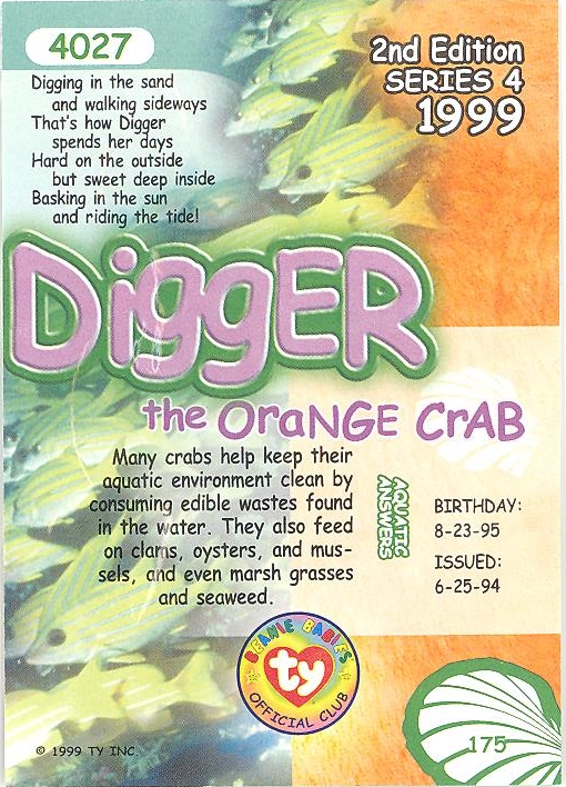 TY Beanie Babies BBOC Card NM/Mint Series 2 Common DIGGER the Red Crab 