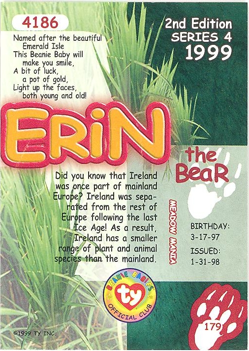 Series 4 Common ERIN the Irish Bear TY Beanie Babies BBOC Card NM/Mint 