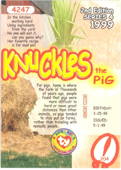 - KNUCKLES the Pig GOLD NM/M Series 3 Birthday TY Beanie Babies BBOC Card 