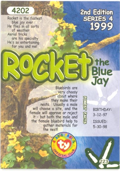 ROCKET the Bluejay Series 1 Common TY Beanie Babies BBOC Card NM/Mint 