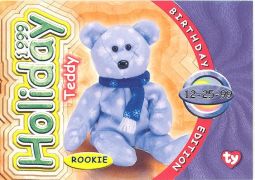 TY Beanie Babies BBOC Card - Series 4 Birthday (PURPLE) - 1999 HOLIDAY TEDDY