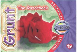 TY Beanie Babies BBOC Card - Series 4 Birthday (PURPLE) - GRUNT the Razorback
