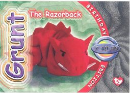 TY Beanie Babies BBOC Card - Series 4 Birthday (SILVER) - GRUNT the Razorback