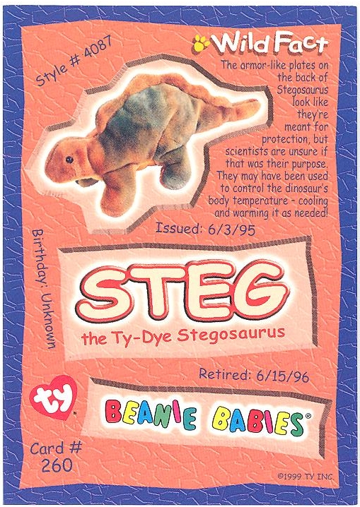 Series 1 Retired TY Beanie Babies BBOC Card - STEG the Stegosaurus SILVER