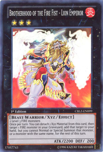 Yu-Gi-Oh Card - CBLZ-EN099 - BROTHERHOOD OF THE FIRE FIST - LION EMPEROR  (super rare holo): BBToyStore.com - Toys, Plush, Trading Cards, Action  Figures & Games online retail store shop sale