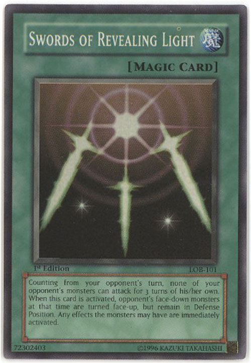 Yu-Gi-Oh Card - LOB-101 - SWORDS of REVEALING LIGHT (super rare holo) *1st Edition* *Played*