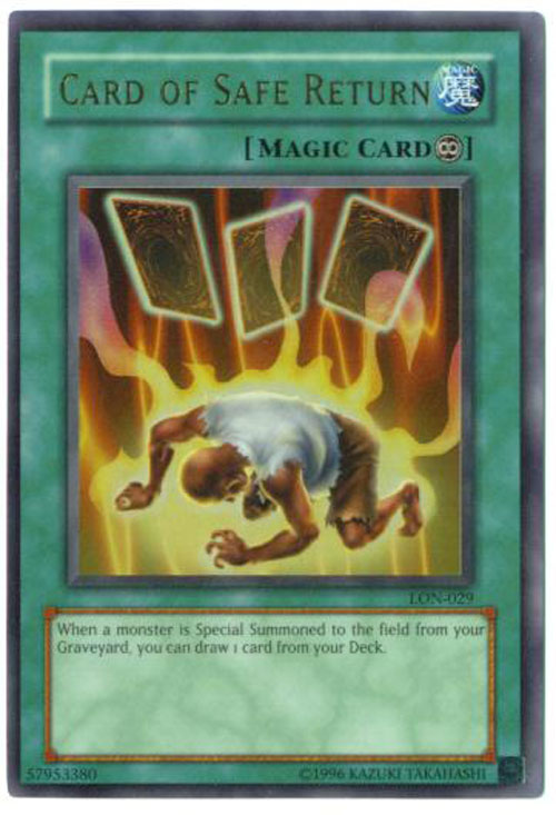 Yu-Gi-Oh Card - LON-029 - CARD OF SAFE RETURN (ultra rare holo) *Played*