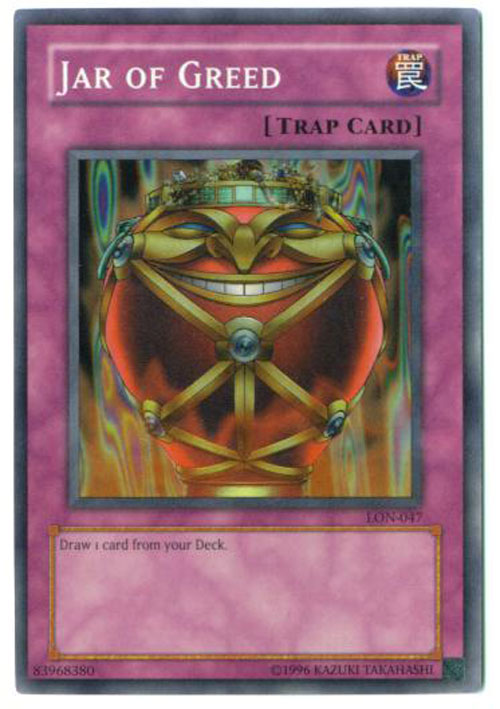 Yu-Gi-Oh Card - LON-047 - JAR OF GREED (super rare holo)