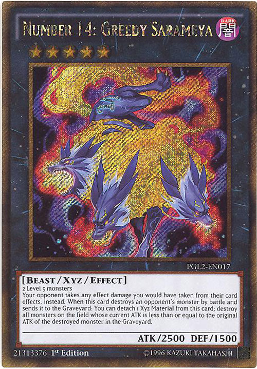 Yu-Gi-Oh Card - PGL2-EN017 - NUMBER 14: GREEDY SARAMEYA (gold secret rare holo)