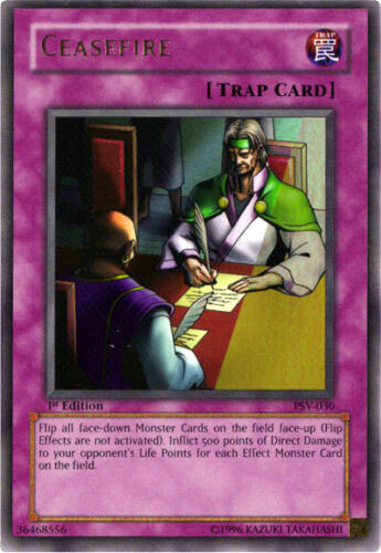 Yu-Gi-Oh Card - PSV-030 - CEASEFIRE (ultra rare holo) *1st Edition* *Played*: BBToyStore.com - Toys, Plush, Trading Cards, Action Figures & Games online retail store shop sale Yu-Gi-Oh Card - PSV-030 - CEASEFIRE (ultra rare holo) *1st Edition* *Played*: BBToyStore.com - Toys, Plush, Trading Cards, Action Figures & Games online retail store shop sale