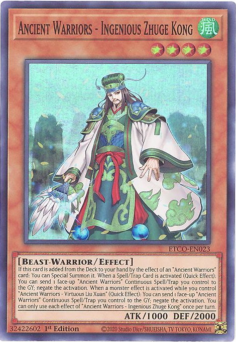 ETCO-EN023 Ancient Warriors - Ingenious Zhuge Kong Super Rare 1st Edition Mint YuGiOh Card ETCO-EN023 Ancient Warriors - Ingenious Zhuge Kong Super Rare 1st Edition Mint YuGiOh Card