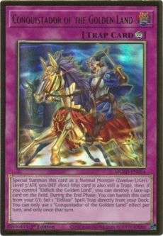 Yu-Gi-Oh Card - MGED-EN054 - CONQUISTADOR OF THE GOLDEN LAND (premium gold rare holo)